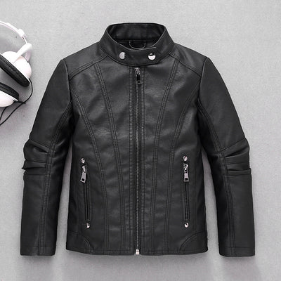 Kids' Leather Motorcycle Jacket  Stylish European & American Fashion for Boys & Girls, Medium & Large Sizes.