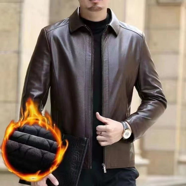 Middle-Aged Men’s Leather Jacket – Stand Collar, Fleece-Lined.