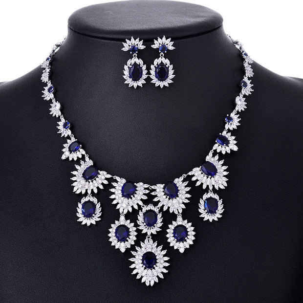 Colorful Zircon Earrings & Necklace Set – Bridal Wedding Jewelry Accessories.
