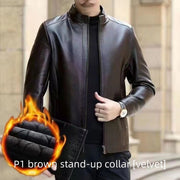 Middle-Aged Men’s Leather Jacket – Stand Collar, Fleece-Lined.