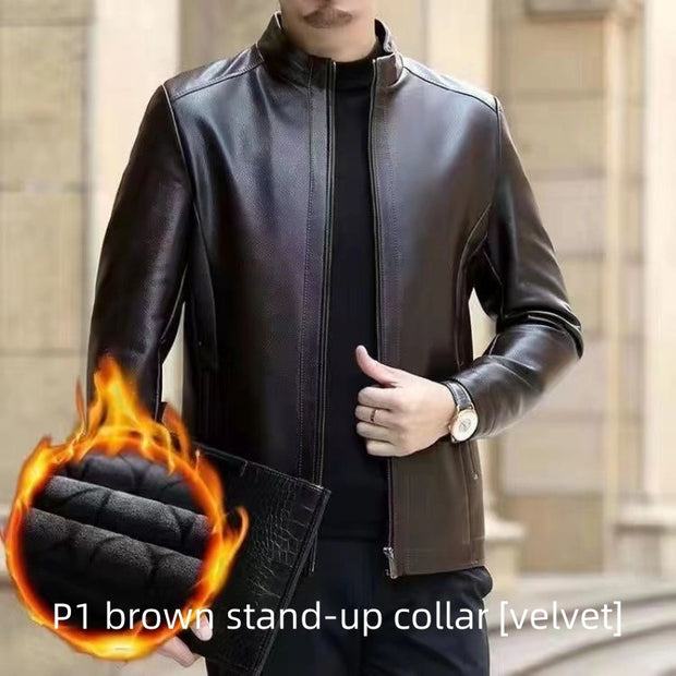 Middle-Aged Men’s Leather Jacket – Stand Collar, Fleece-Lined.