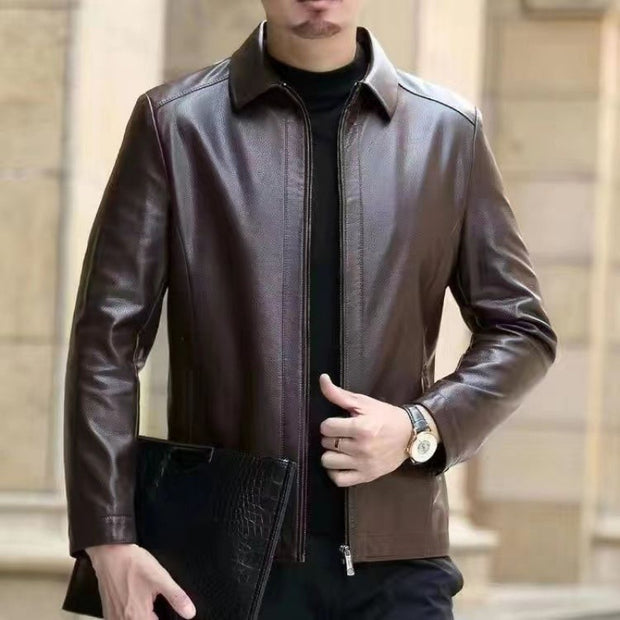 Middle-Aged Men’s Leather Jacket – Stand Collar, Fleece-Lined.
