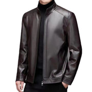 Middle-Aged Men’s Leather Jacket – Stand Collar, Fleece-Lined.