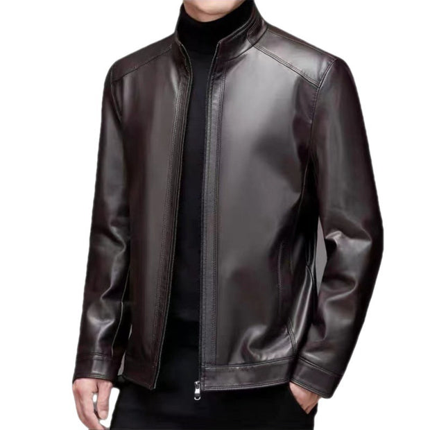 Middle-Aged Men’s Leather Jacket – Stand Collar, Fleece-Lined.
