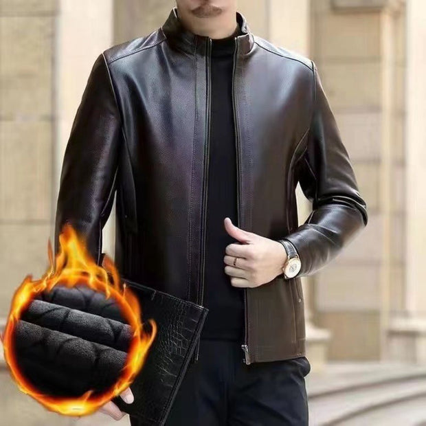 Middle-Aged Men’s Leather Jacket – Stand Collar, Fleece-Lined.
