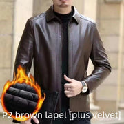 Middle-Aged Men’s Leather Jacket – Stand Collar, Fleece-Lined.