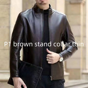 Middle-Aged Men’s Leather Jacket – Stand Collar, Fleece-Lined.