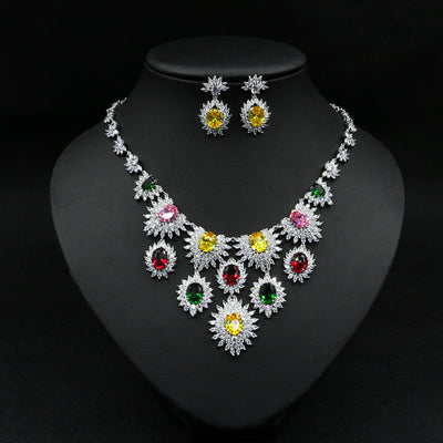 Colorful Zircon Earrings & Necklace Set – Bridal Wedding Jewelry Accessories.