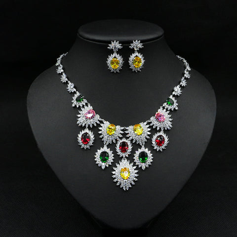 Colorful Zircon Earrings & Necklace Set – Bridal Wedding Jewelry Accessories.