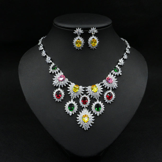 Colorful Zircon Earrings & Necklace Set – Bridal Wedding Jewelry Accessories.