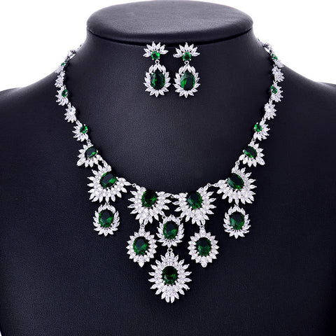 Colorful Zircon Earrings & Necklace Set – Bridal Wedding Jewelry Accessories.
