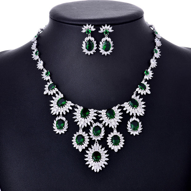 Colorful Zircon Earrings & Necklace Set – Bridal Wedding Jewelry Accessories.