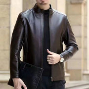 Middle-Aged Men’s Leather Jacket – Stand Collar, Fleece-Lined.