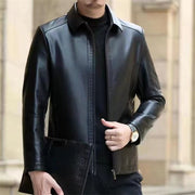 Middle-Aged Men’s Leather Jacket – Stand Collar, Fleece-Lined.