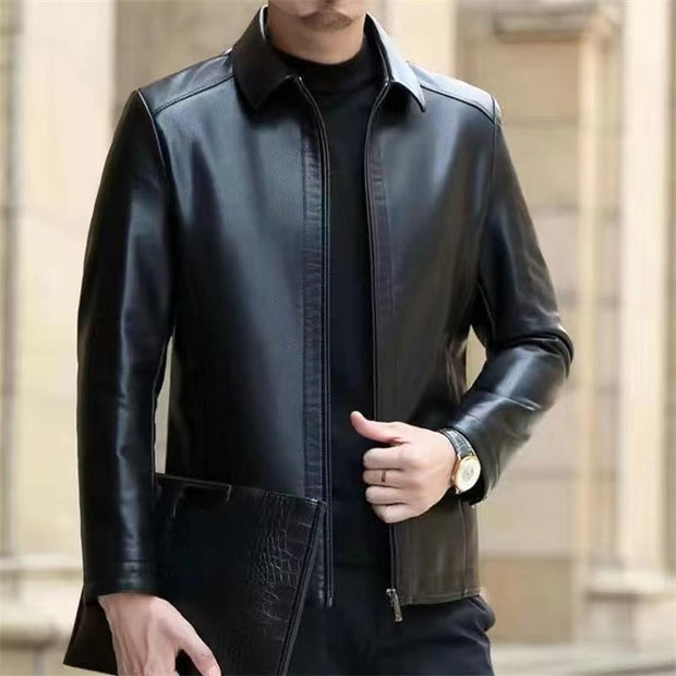 Middle-Aged Men’s Leather Jacket – Stand Collar, Fleece-Lined.