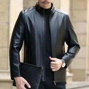 Middle-Aged Men’s Leather Jacket – Stand Collar, Fleece-Lined.