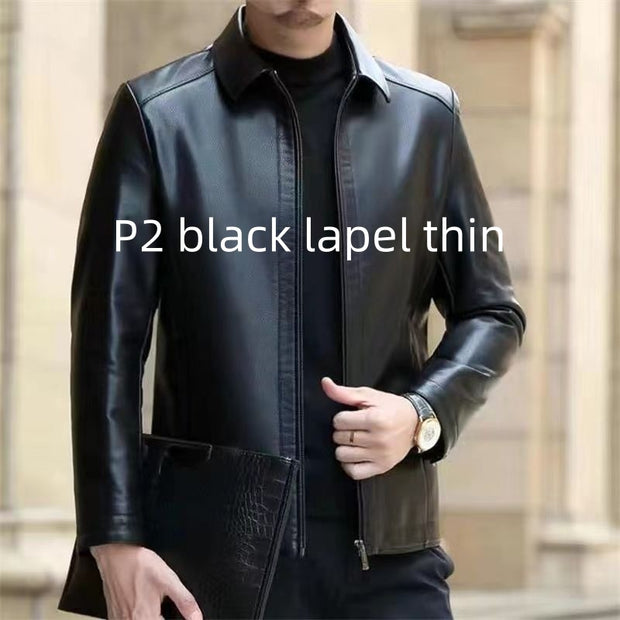 Middle-Aged Men’s Leather Jacket – Stand Collar, Fleece-Lined.