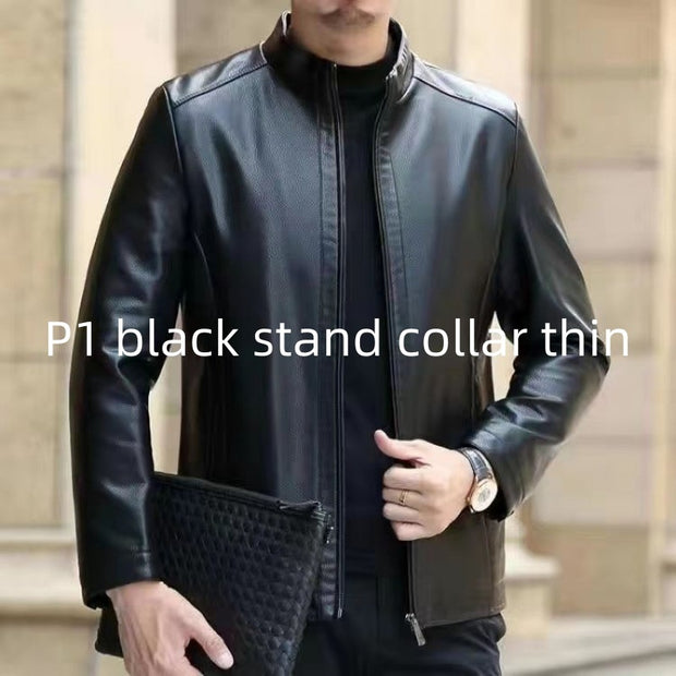 Middle-Aged Men’s Leather Jacket – Stand Collar, Fleece-Lined.