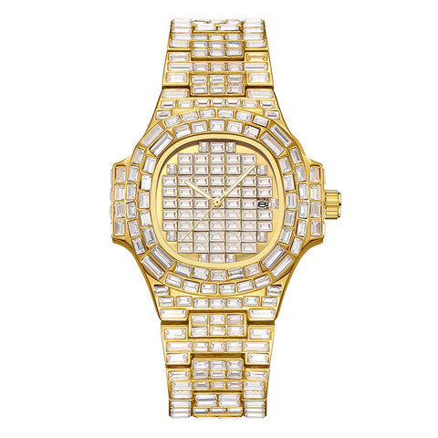 Full Square Diamond Casual Trend Waterproof Calendar Quartz Watch