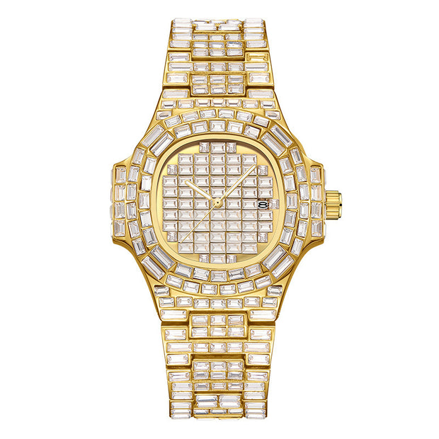 Full Square Diamond Casual Trend Waterproof Calendar Quartz Watch