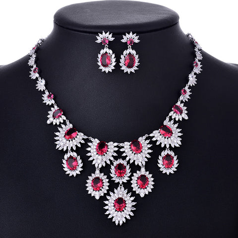 Colorful Zircon Earrings & Necklace Set – Bridal Wedding Jewelry Accessories.