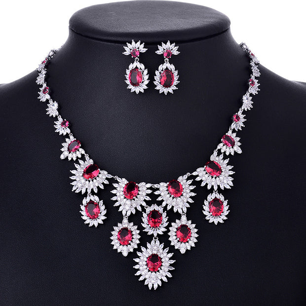 Colorful Zircon Earrings & Necklace Set – Bridal Wedding Jewelry Accessories.