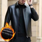 Middle-Aged Men’s Leather Jacket – Stand Collar, Fleece-Lined.